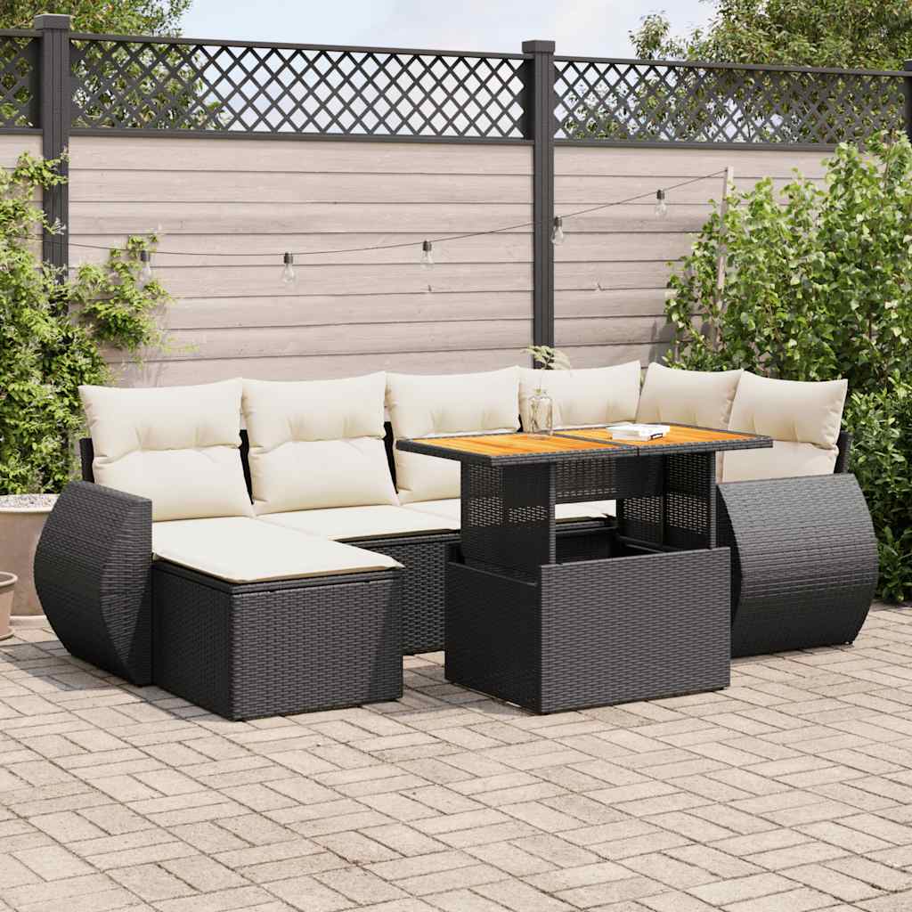 Salon de jardin 7 pcs avec coussins noir résine tressée