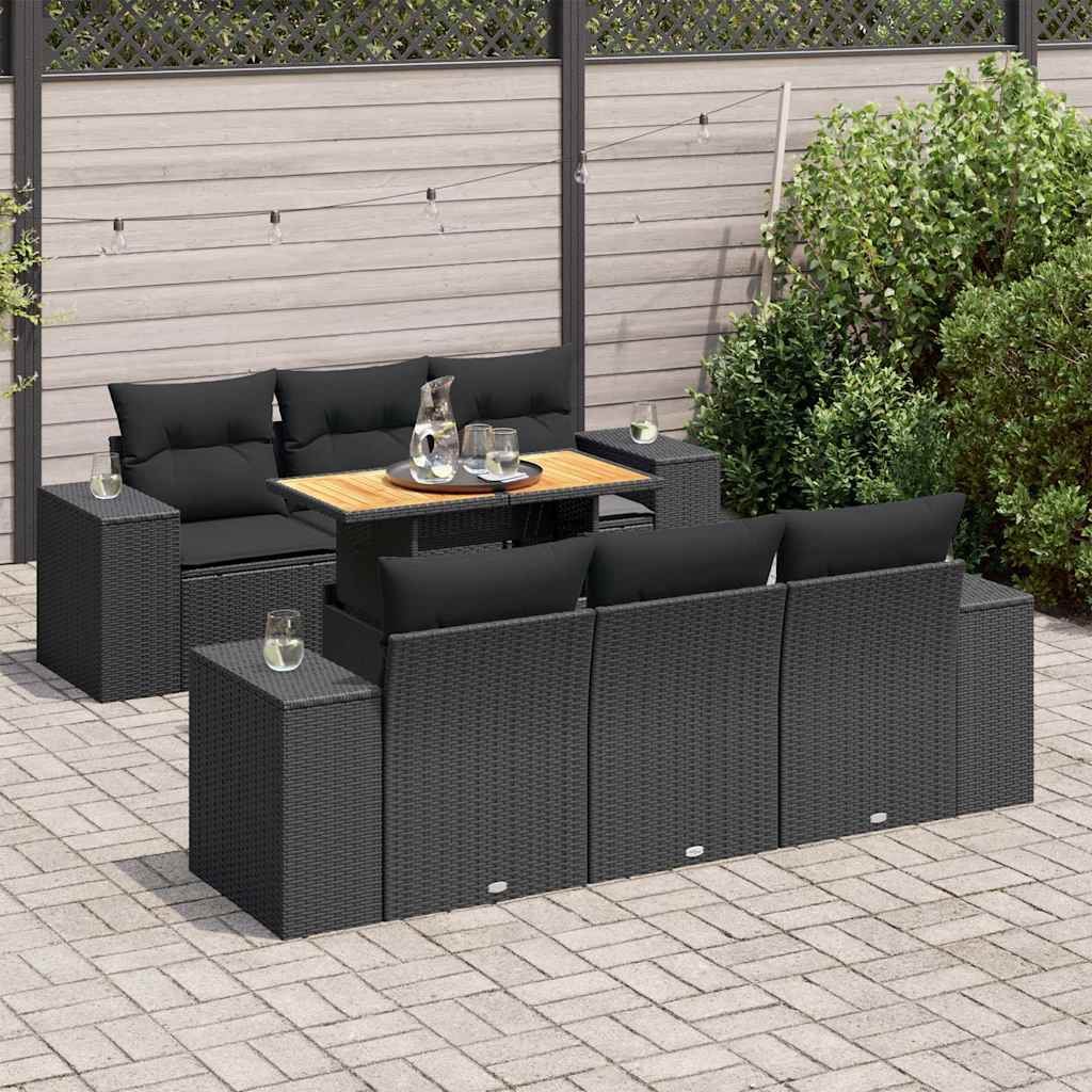 Salon de jardin 7 pcs avec coussins noir résine tressée