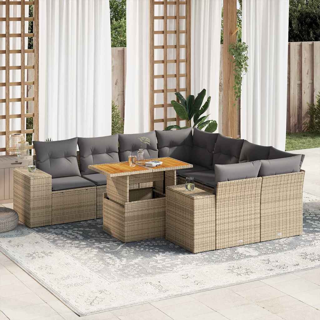 Salon de jardin avec coussins 9 pcs beige résine tressée