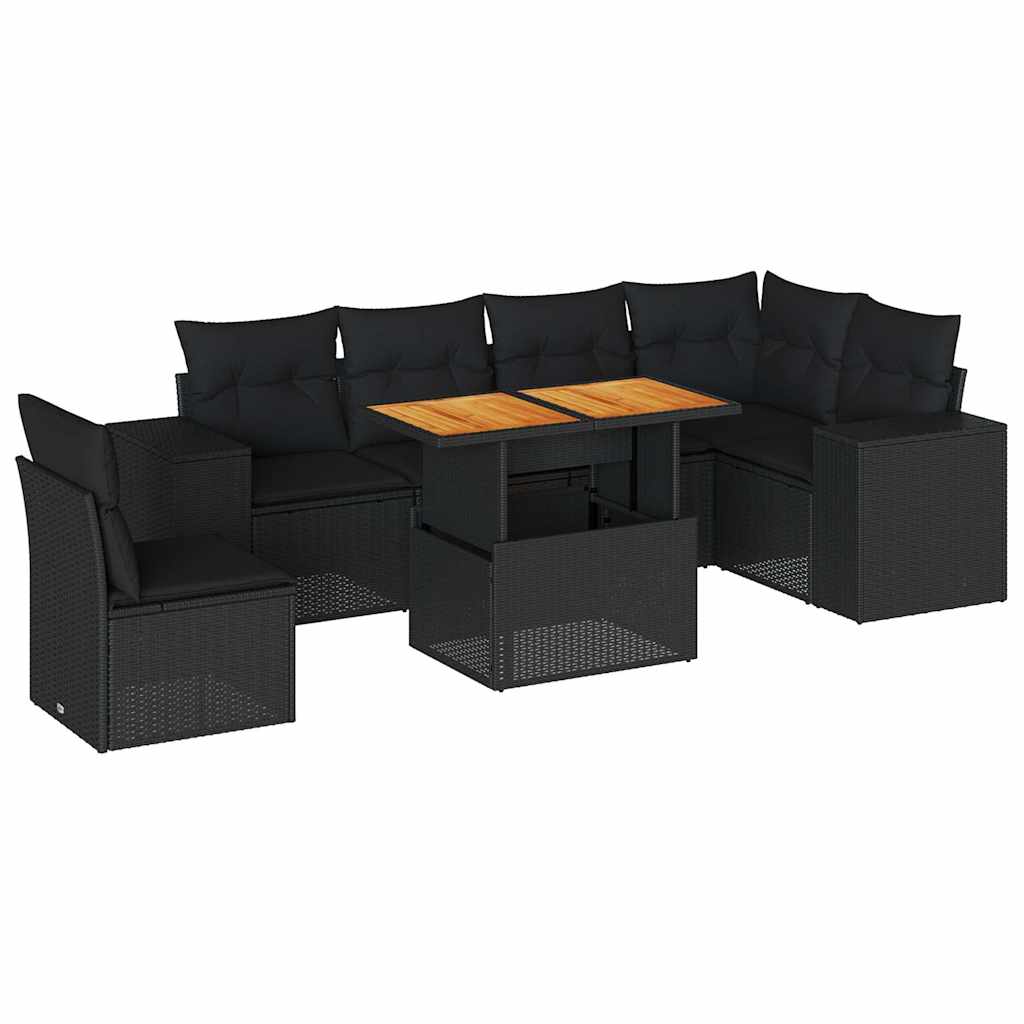 Salon de jardin 7 pcs avec coussins noir résine tressée