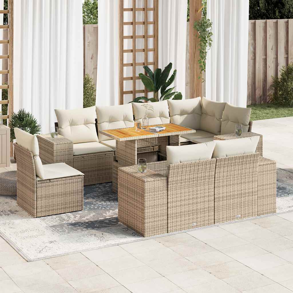 Salon de jardin avec coussins 9 pcs beige résine tressée