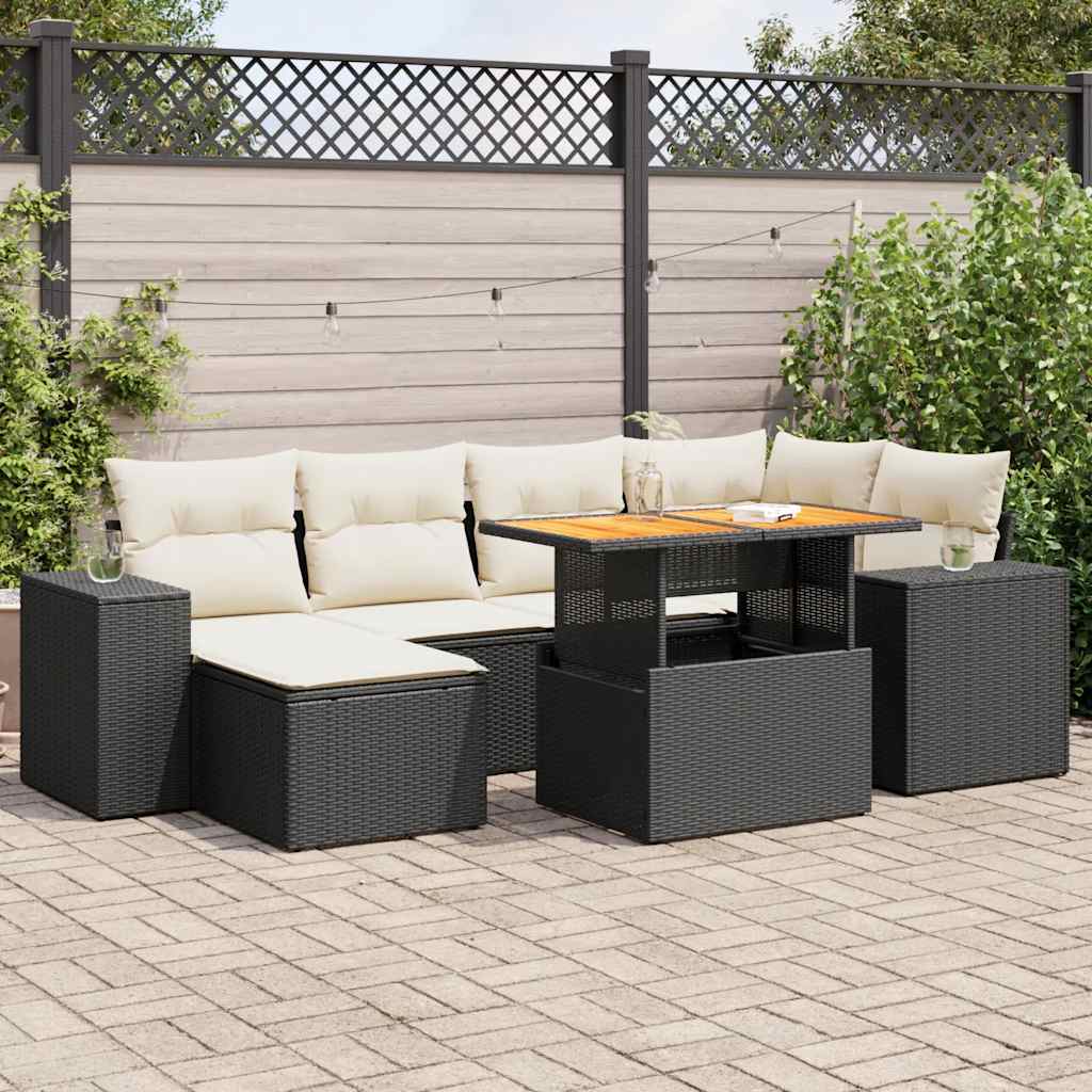 Salon de jardin 7 pcs avec coussins noir résine tressée