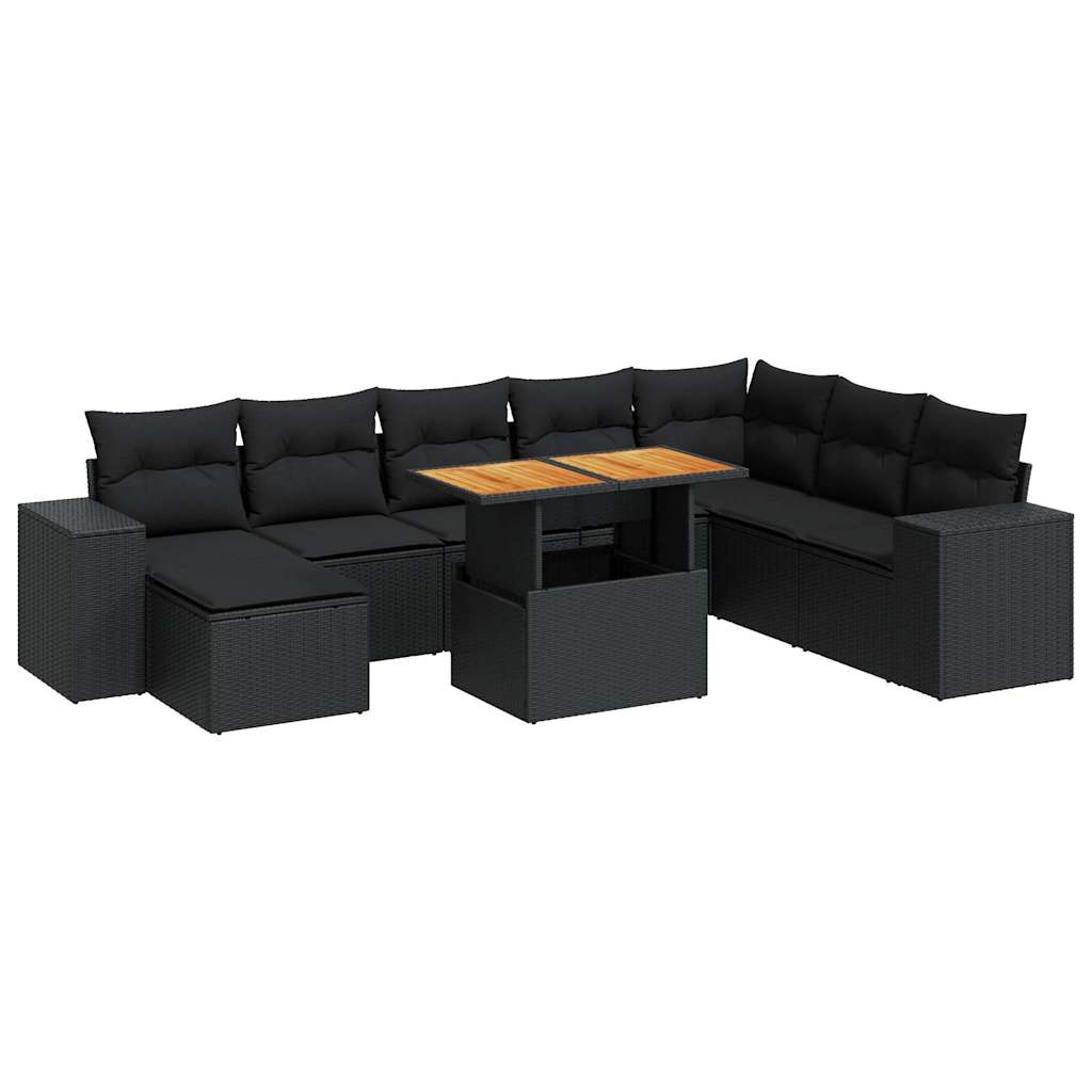 Salon de jardin avec coussins 9 pcs noir résine tressée acacia