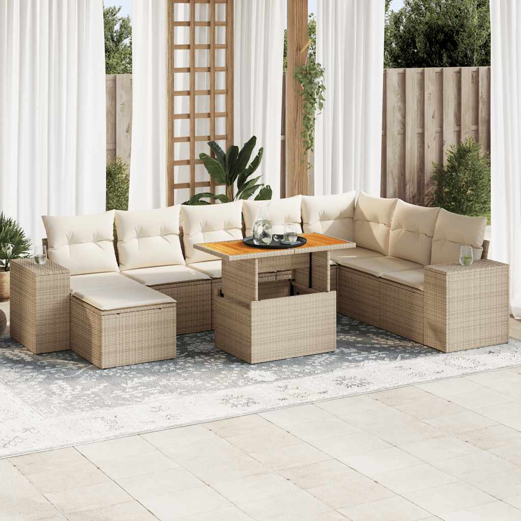 Salon de jardin avec coussins 9 pcs beige résine tressée acacia