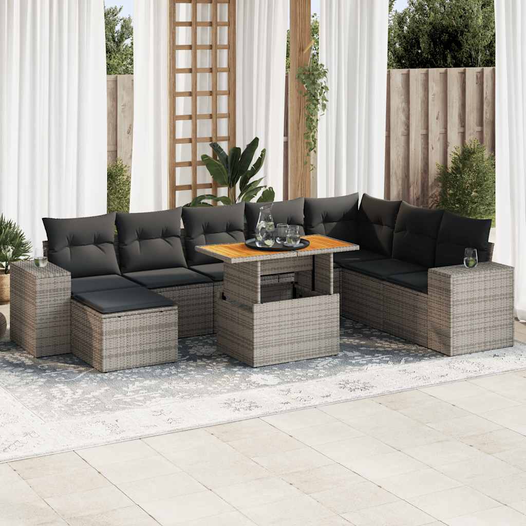 Salon de jardin avec coussins 9 pcs gris résine tressée acacia