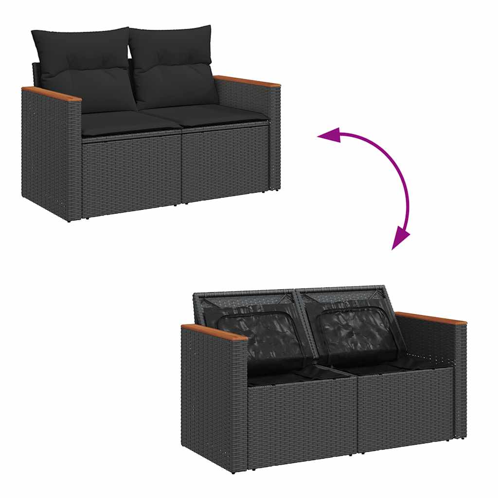 Salon de jardin avec coussins 7 pcs noir résine tressée acacia