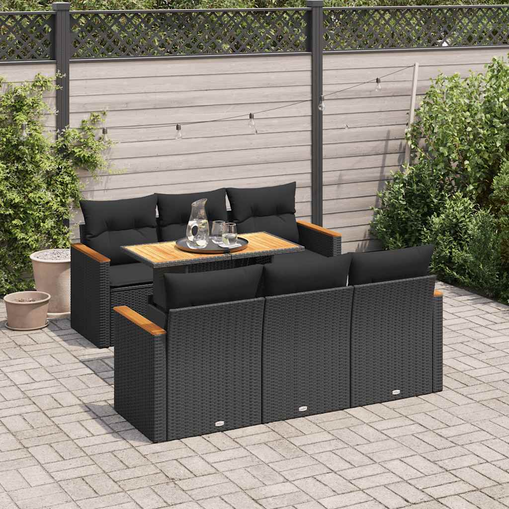 Salon de jardin avec coussins 7 pcs noir résine tressée acacia