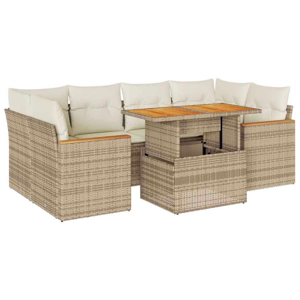 Salon de jardin 6 pcs avec coussins beige résine tressée acacia