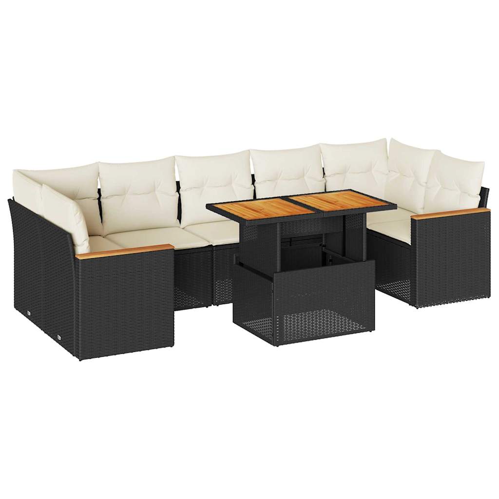 Salon de jardin avec coussins 8 pcs noir résine tressée acacia