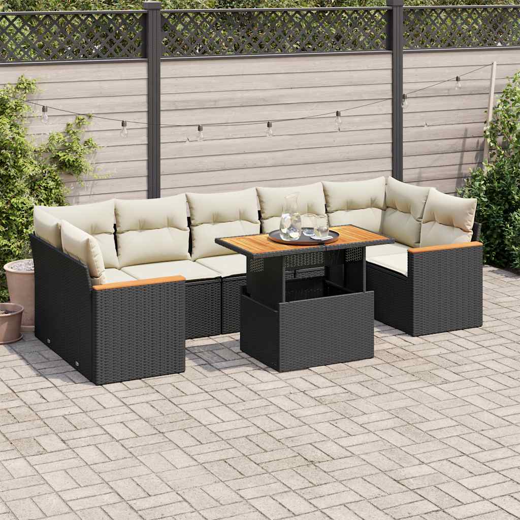 Salon de jardin avec coussins 8 pcs noir résine tressée acacia