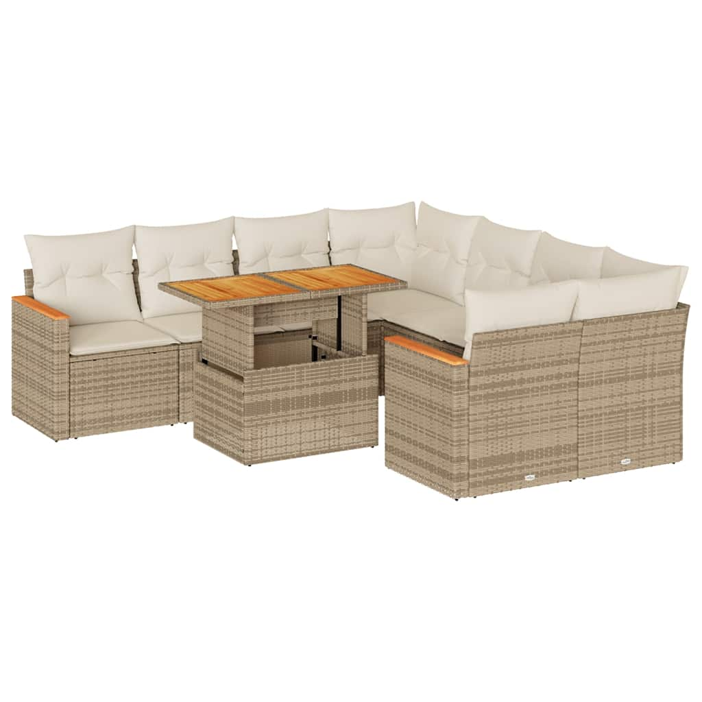 Salon de jardin avec coussins 9 pcs beige résine tressée acacia