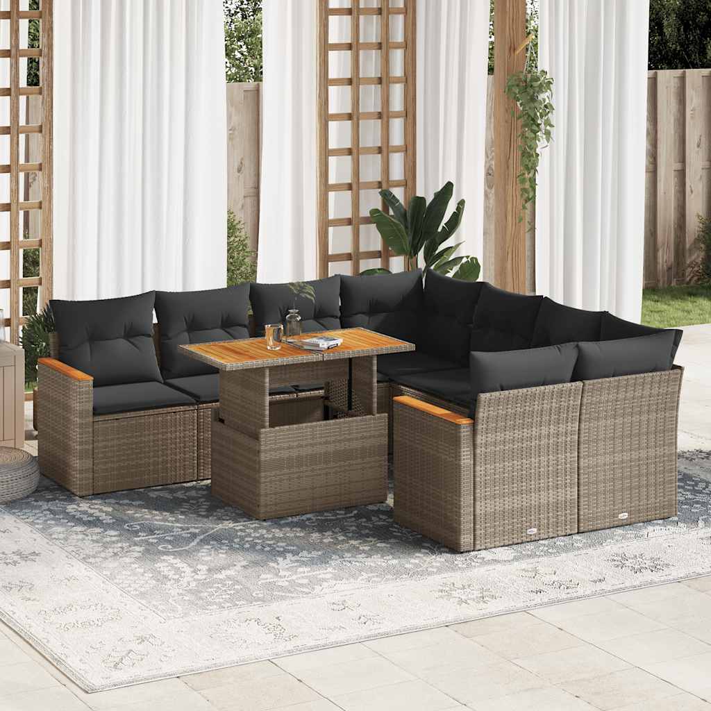 Salon de jardin avec coussins 9 pcs gris résine tressée acacia