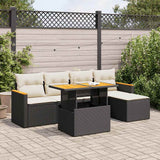 Salon de jardin 6 pcs avec coussins noir résine tressée acacia