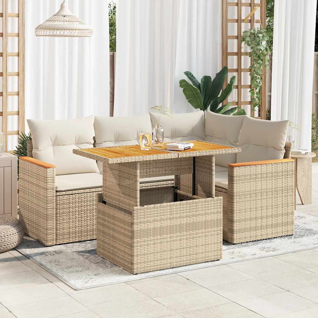 Salon de jardin avec coussins 5 pcs beige résine tressée acacia