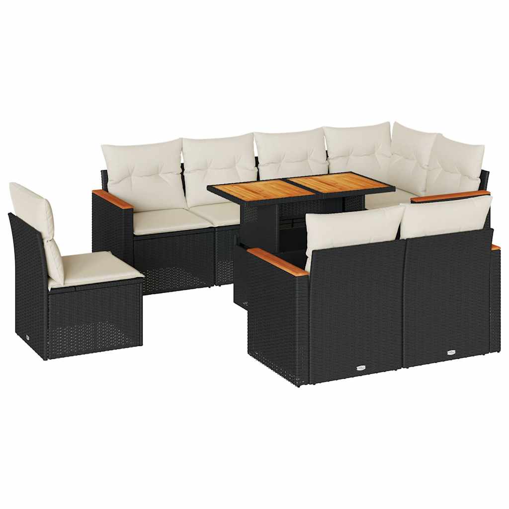 Salon de jardin avec coussins 9 pcs noir résine tressée acacia