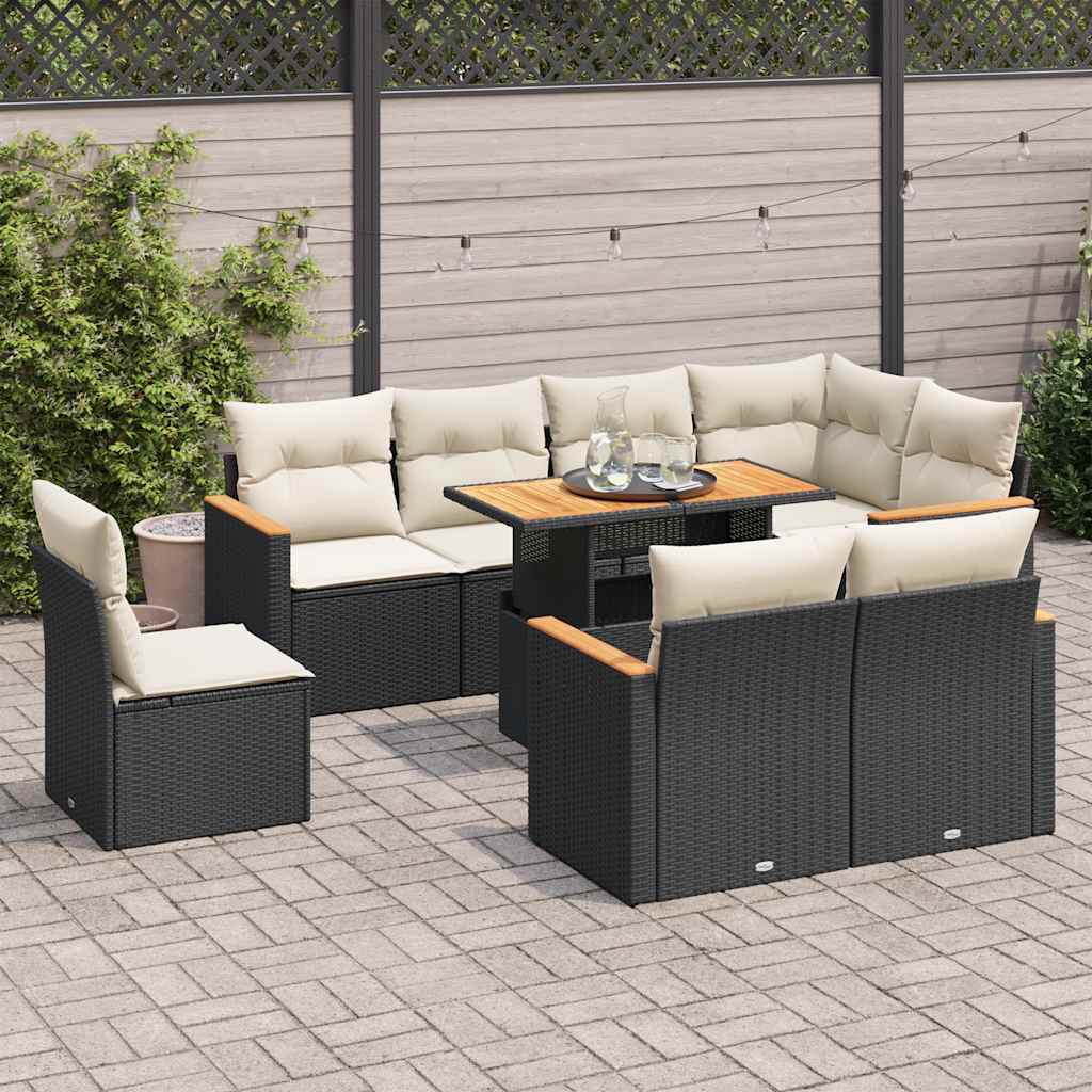 Salon de jardin avec coussins 9 pcs noir résine tressée acacia