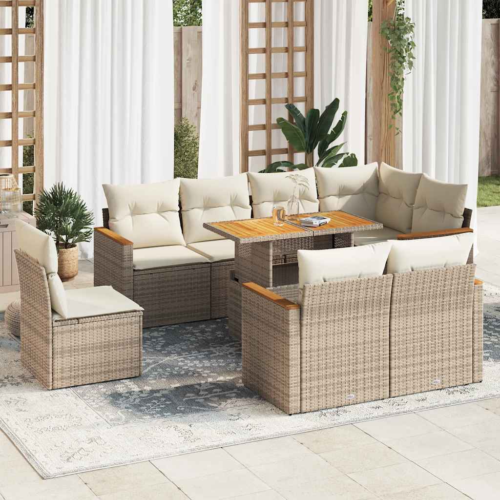 Salon de jardin avec coussins 9 pcs beige résine tressée acacia