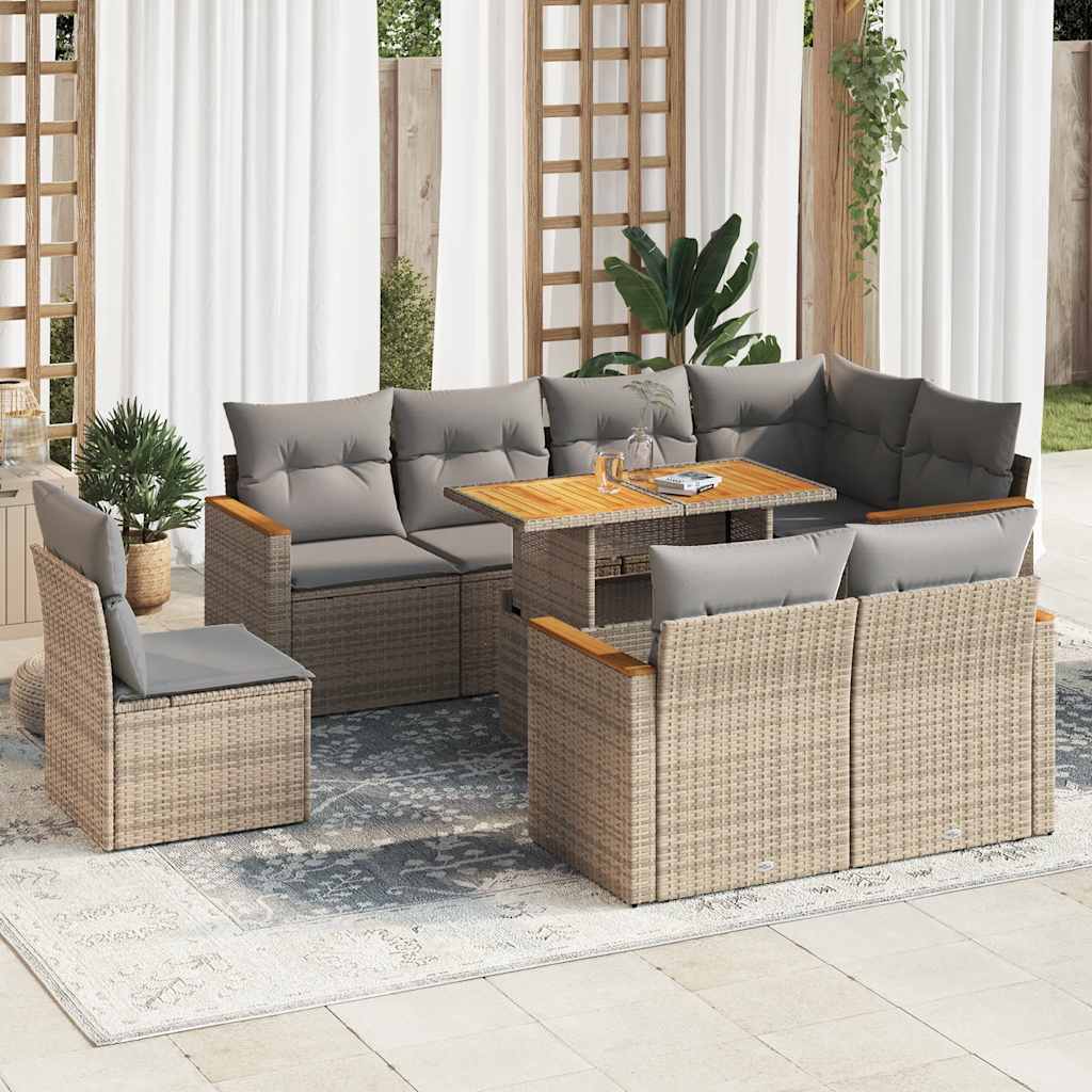 Salon de jardin avec coussins 9 pcs beige résine tressée acacia