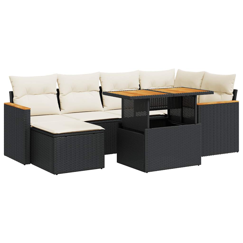 Salon de jardin avec coussins 7 pcs noir résine tressée acacia