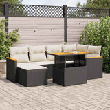 Salon de jardin avec coussins 7 pcs noir résine tressée acacia