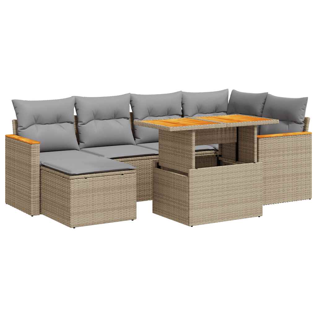 Salon de jardin avec coussins 7 pcs beige résine tressée acacia