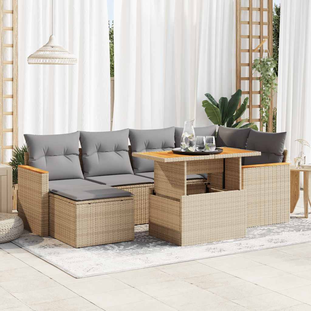 Salon de jardin avec coussins 7 pcs beige résine tressée acacia