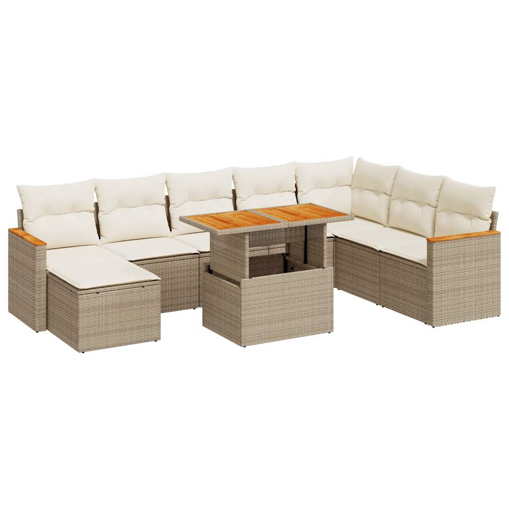 Salon de jardin avec coussins 9 pcs beige résine tressée acacia