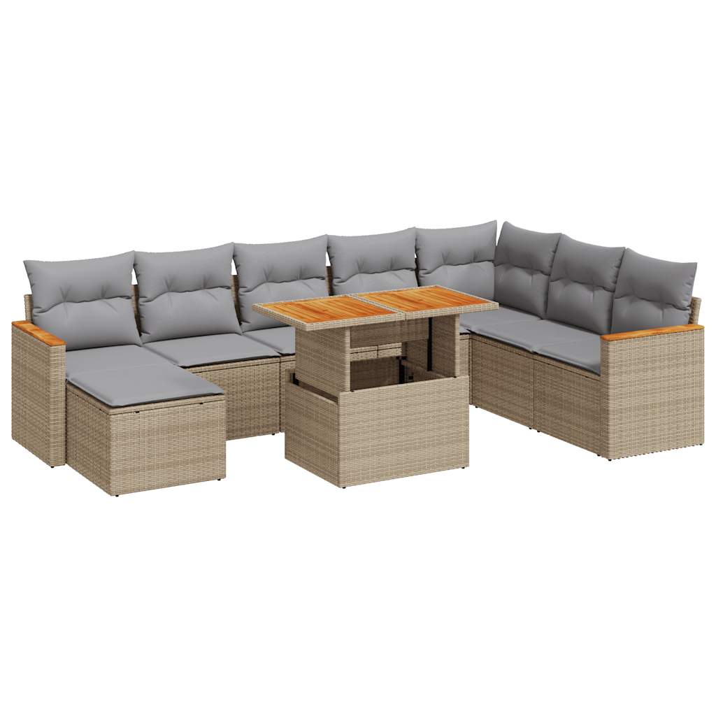 Salon de jardin avec coussins 9 pcs beige résine tressée acacia