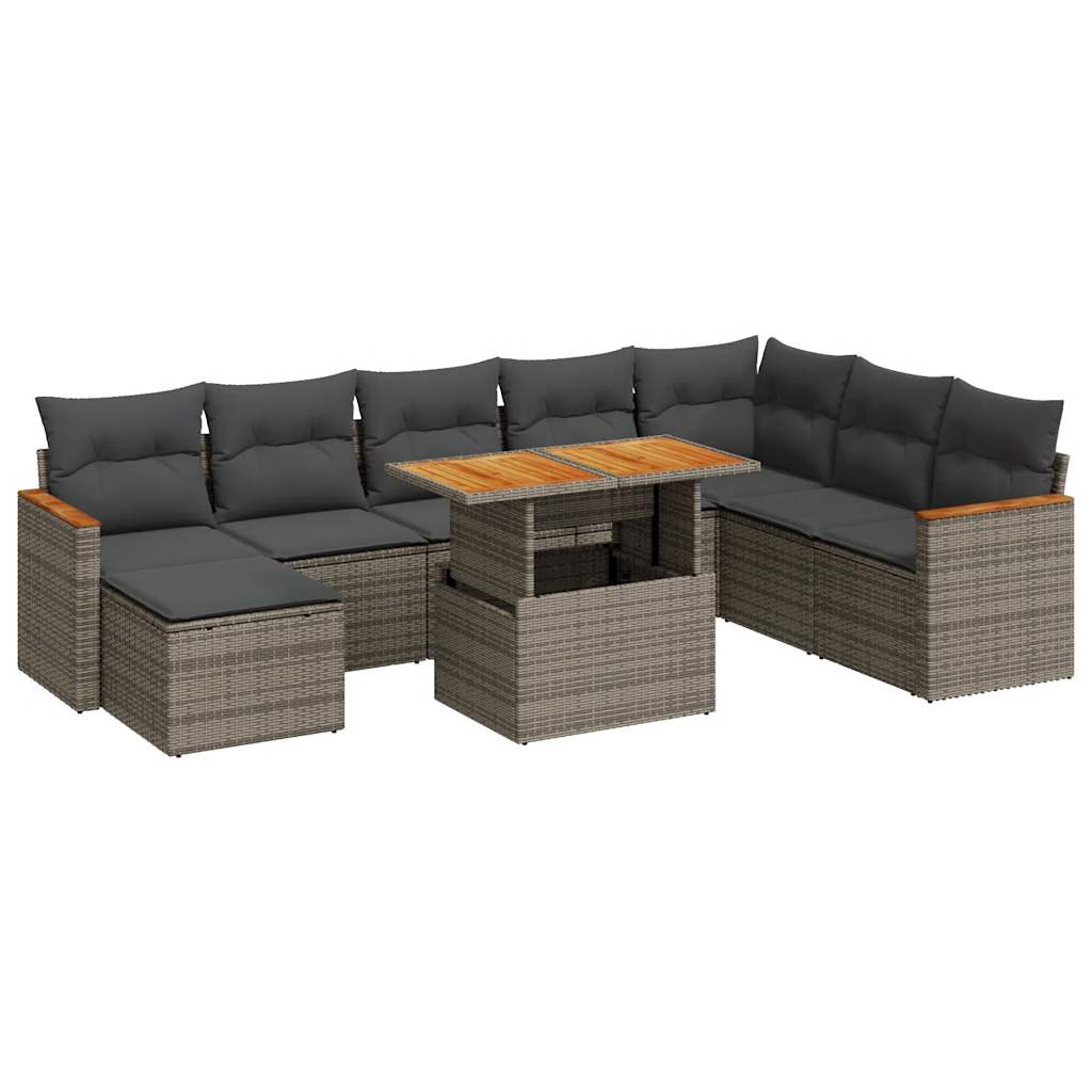 Salon de jardin avec coussins 9 pcs gris résine tressée acacia