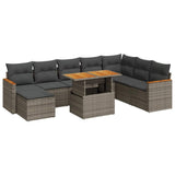 Salon de jardin avec coussins 9 pcs gris résine tressée acacia