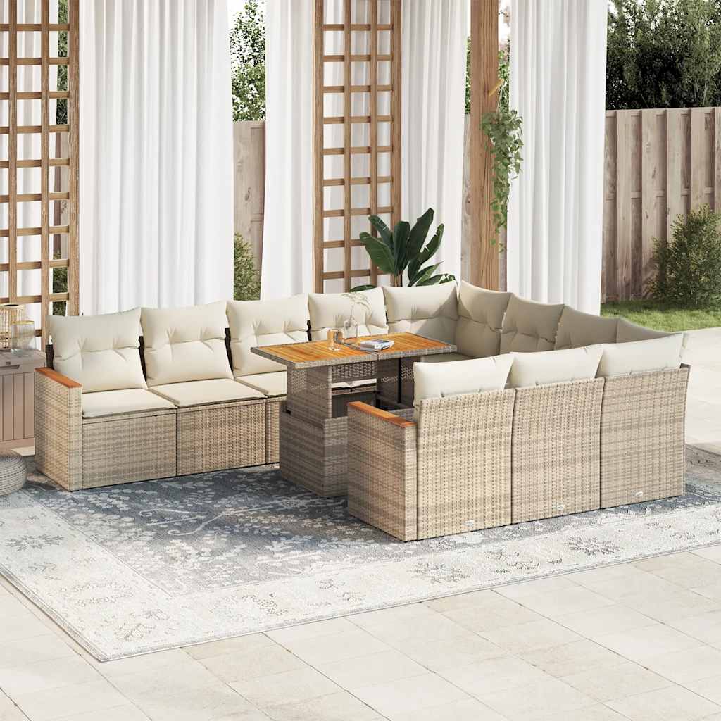 Salon de jardin 11pcs avec coussins beige résine tressée acacia