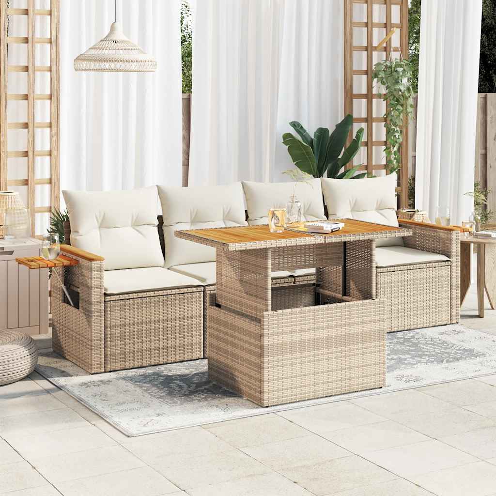 Salon de jardin avec coussins 5 pcs beige résine tressée acacia