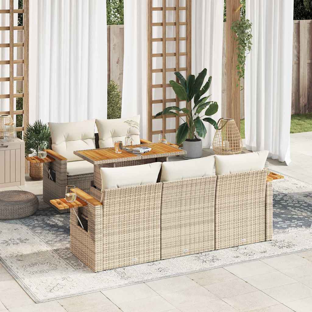 Salon de jardin 6 pcs avec coussins beige résine tressée acacia