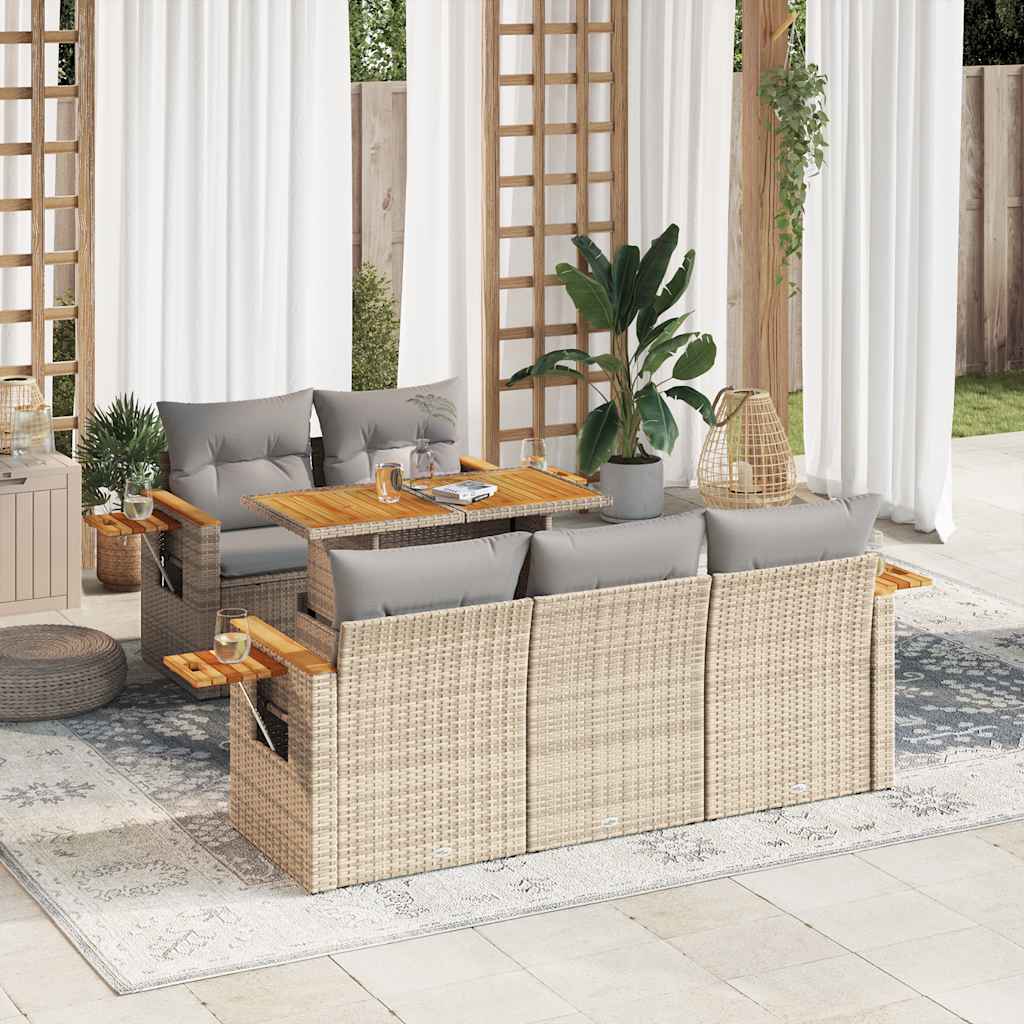 Salon de jardin 6 pcs avec coussins beige résine tressée acacia