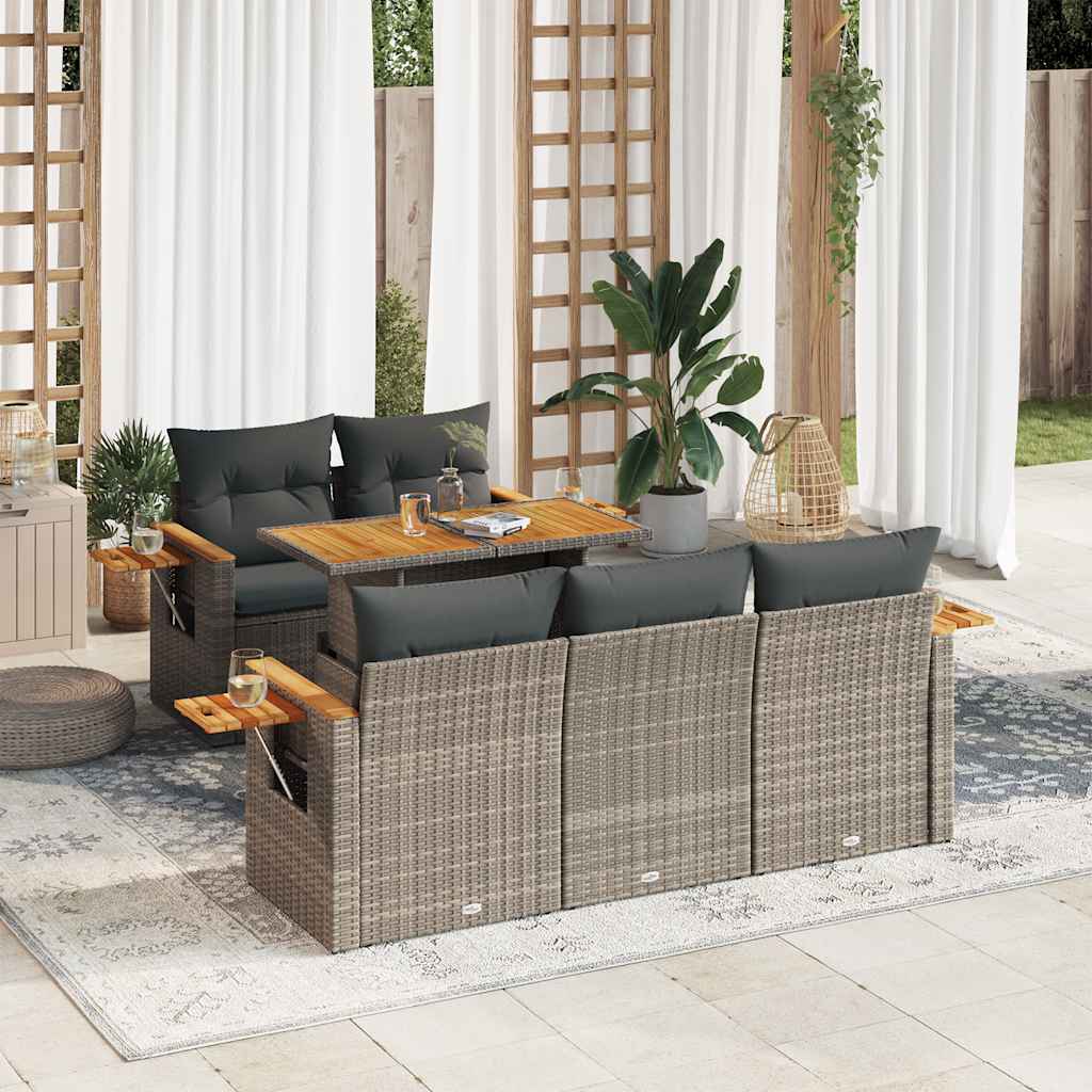 Salon de jardin avec coussins 6 pcs gris résine tressée acacia