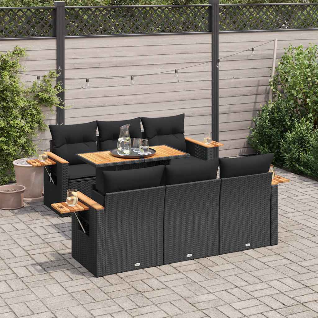 Salon de jardin avec coussins 7 pcs noir résine tressée acacia