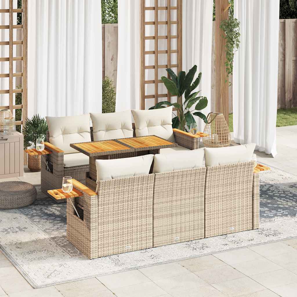 Salon de jardin avec coussins 7 pcs beige résine tressée acacia