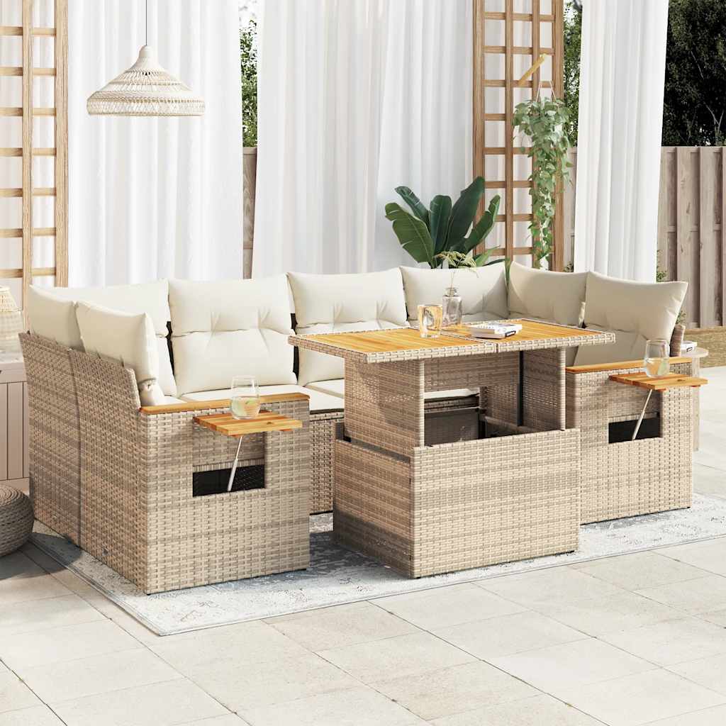 Salon de jardin avec coussins 7 pcs beige résine tressée acacia