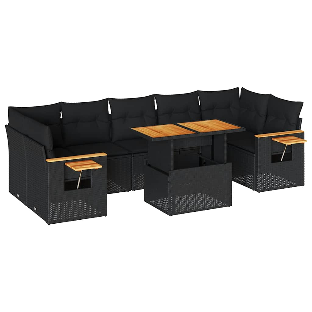 Salon de jardin avec coussins 8 pcs noir résine tressée acacia