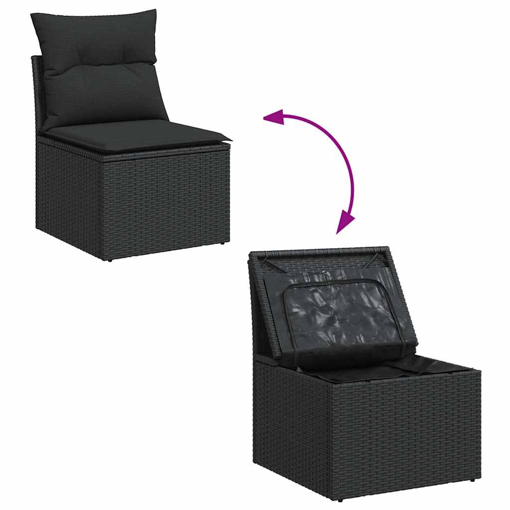 Salon de jardin avec coussins 8 pcs noir résine tressée acacia