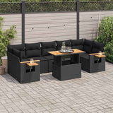 Salon de jardin avec coussins 8 pcs noir résine tressée acacia