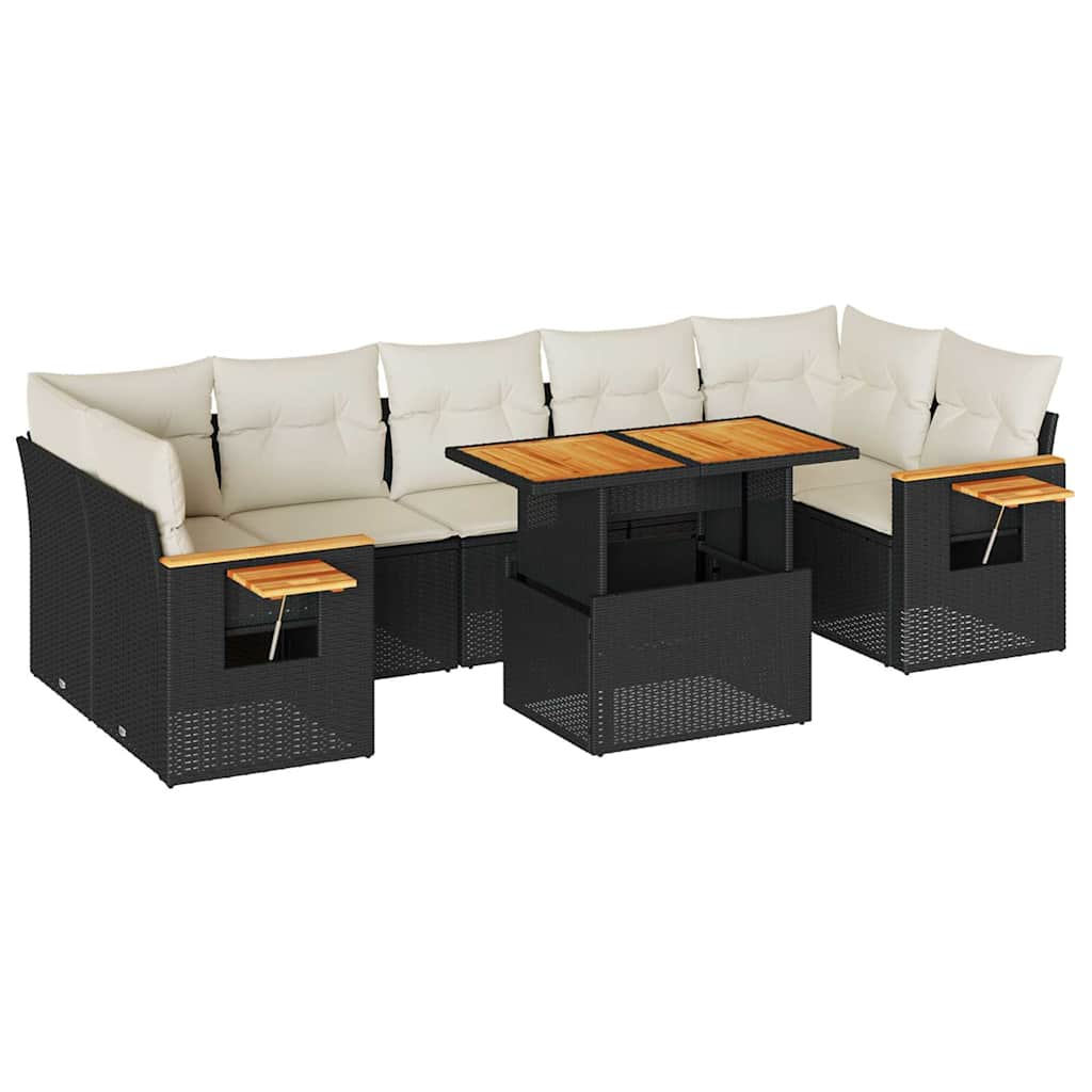 Salon de jardin avec coussins 8 pcs noir résine tressée acacia