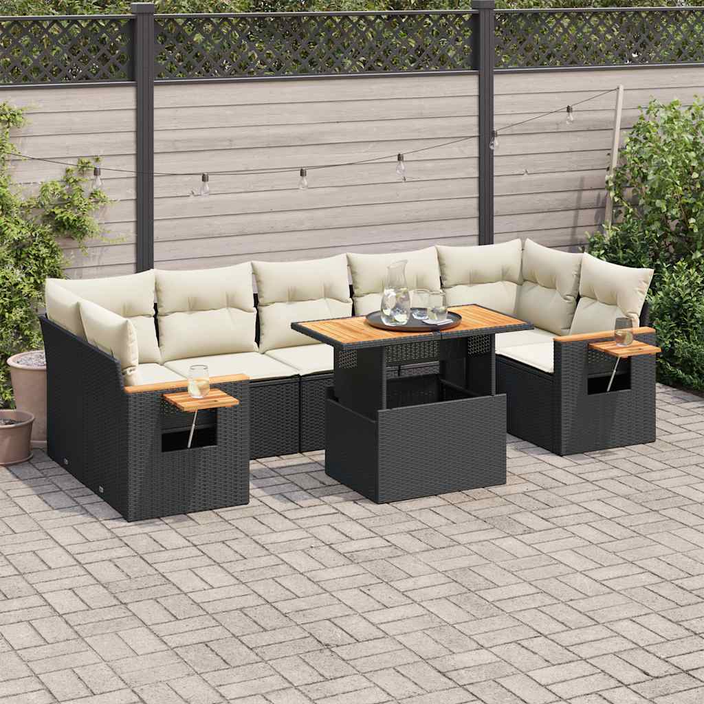 Salon de jardin avec coussins 8 pcs noir résine tressée acacia