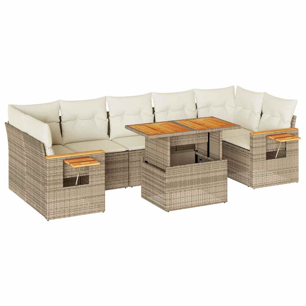 Salon de jardin avec coussins 8 pcs beige résine tressée acacia