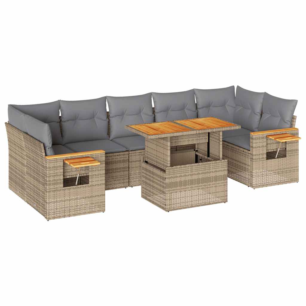 Salon de jardin avec coussins 8 pcs beige résine tressée acacia