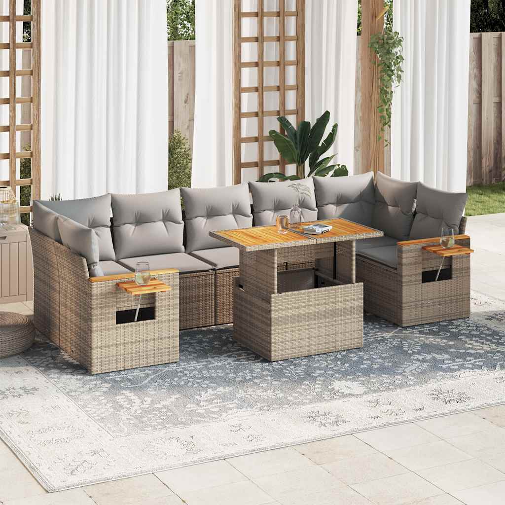 Salon de jardin avec coussins 8 pcs beige résine tressée acacia