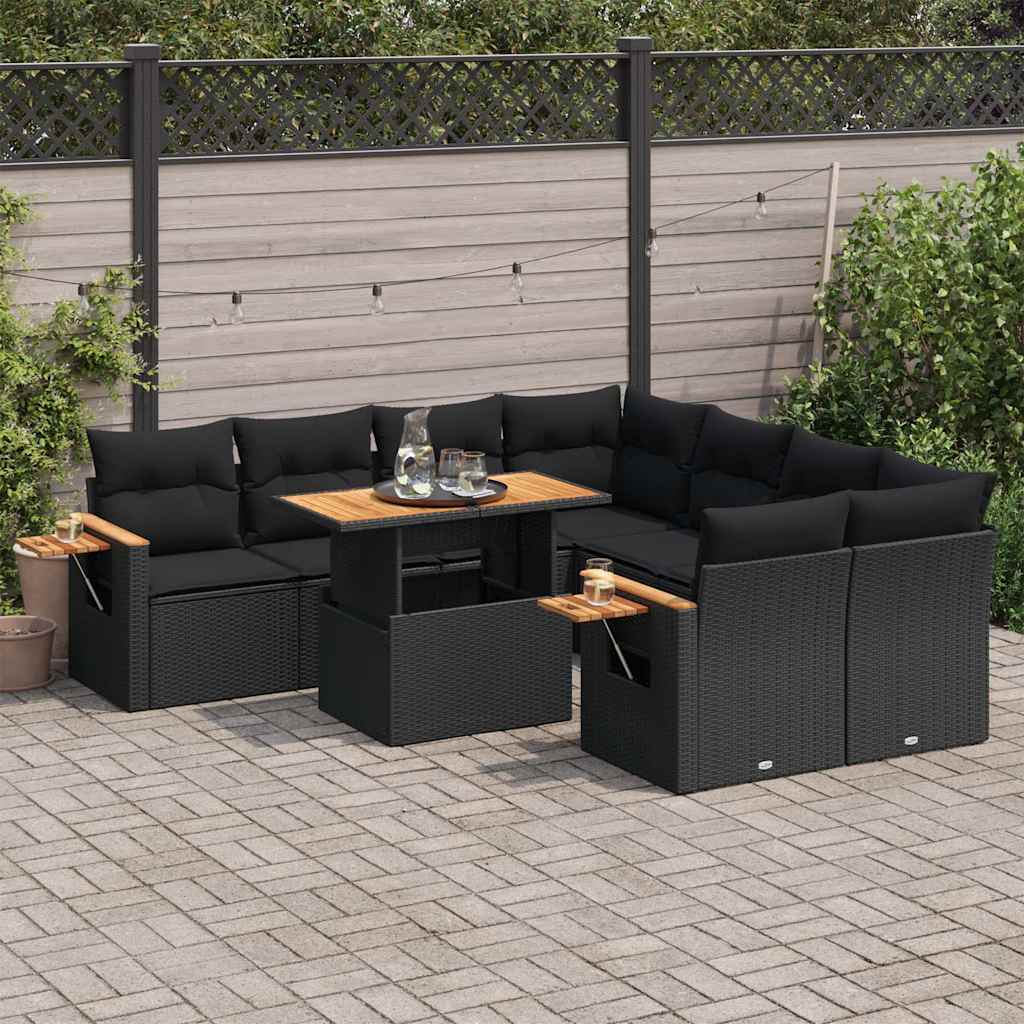 Salon de jardin avec coussins 9 pcs noir résine tressée acacia