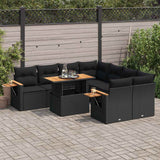 Salon de jardin avec coussins 9 pcs noir résine tressée acacia