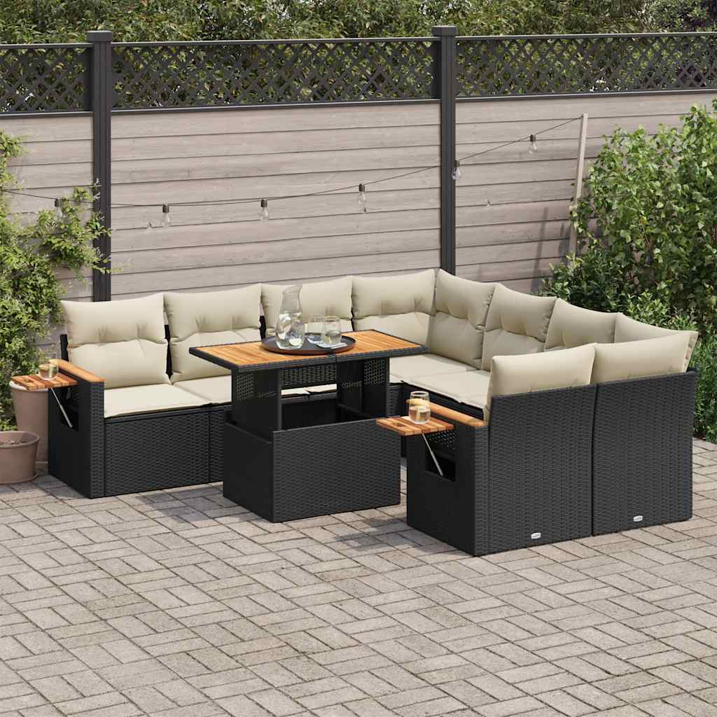 Salon de jardin avec coussins 9 pcs noir résine tressée acacia