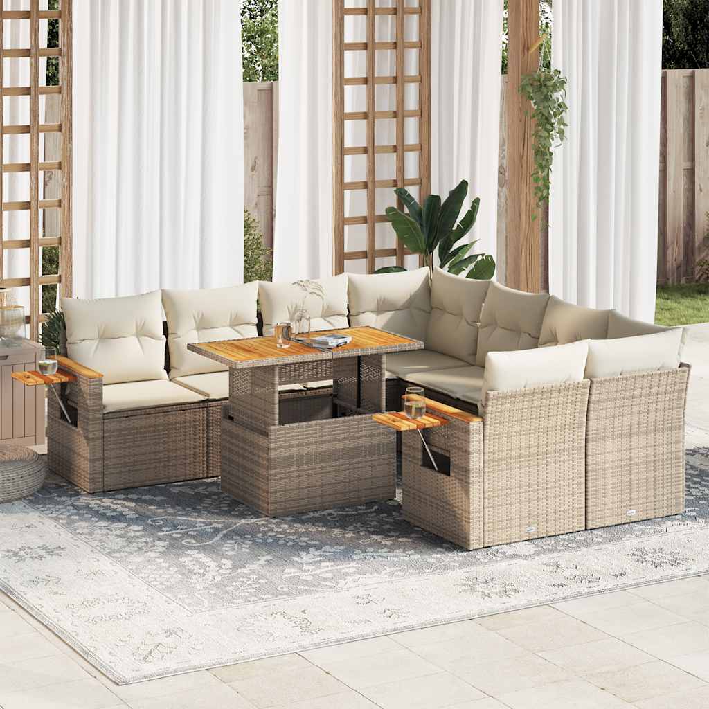 Salon de jardin avec coussins 9 pcs beige résine tressée acacia